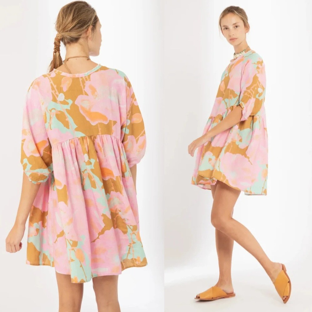 Lanhtropy Dress Linen Pink Floral Mini Dress One Size - Picture 5 of 8